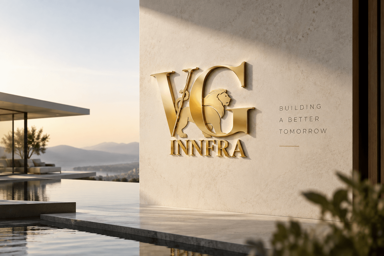 The gold VG INNFRA lion mark on a travertine wall beside an infinity pool, with a hillside villa and lake valley beyond at sunrise